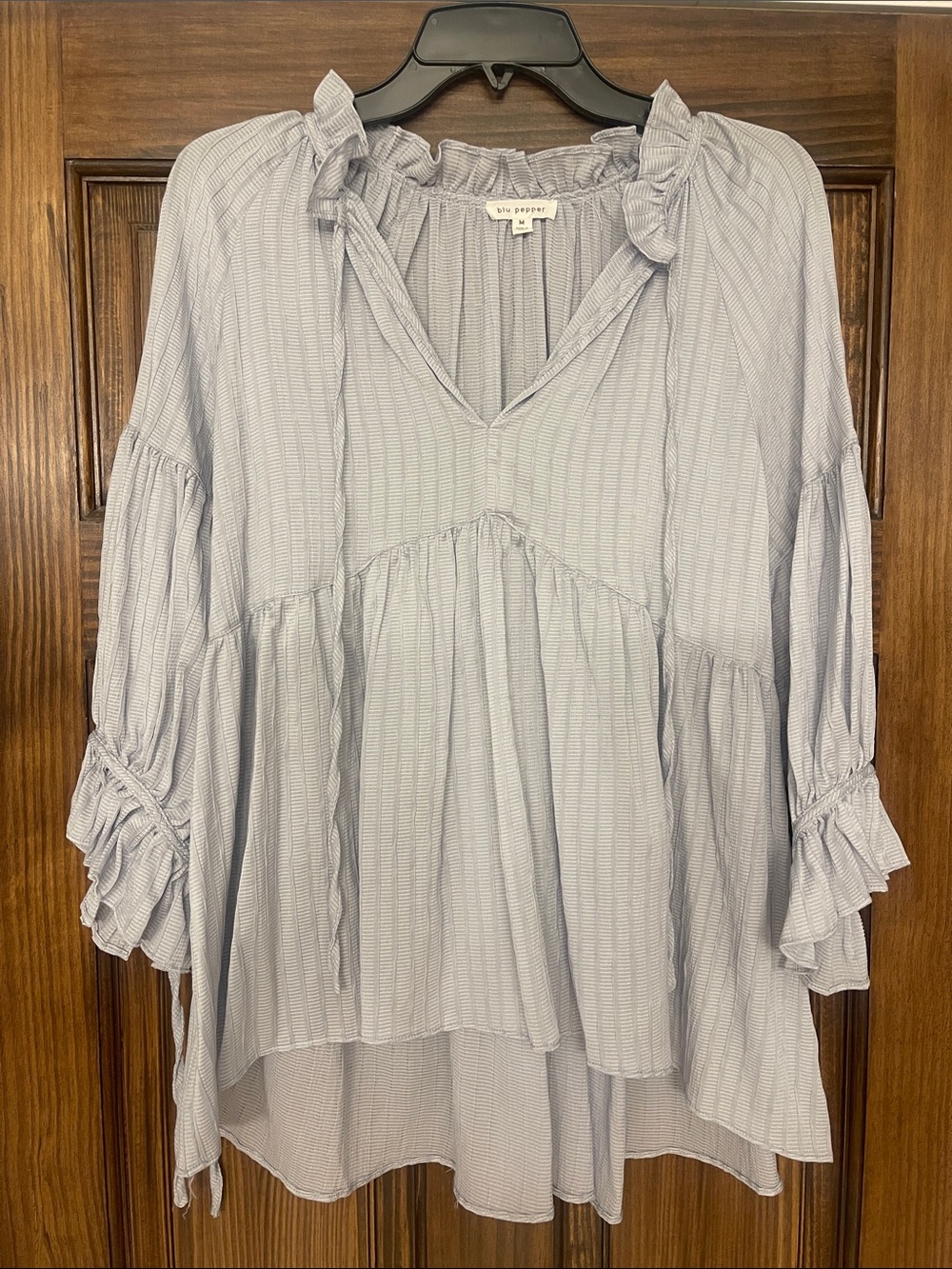 Blu Pepper Ruffle-Neck Light Blue Women's Peasant Top